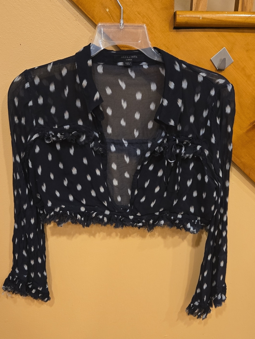 AllSaints Black Cropped Sheer Button-Up Blouse with White Spot Print